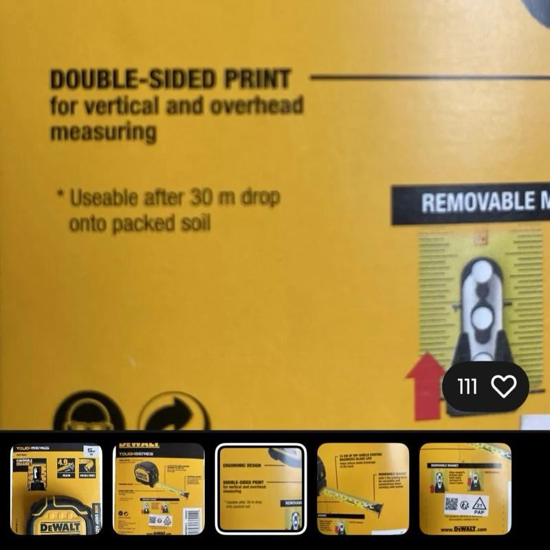 DeWalt Tough Series 5m 16' Double Sided Removable Magnet Tape Measure DWHT36915 with 4.9m Reach & 30m Drop Rating